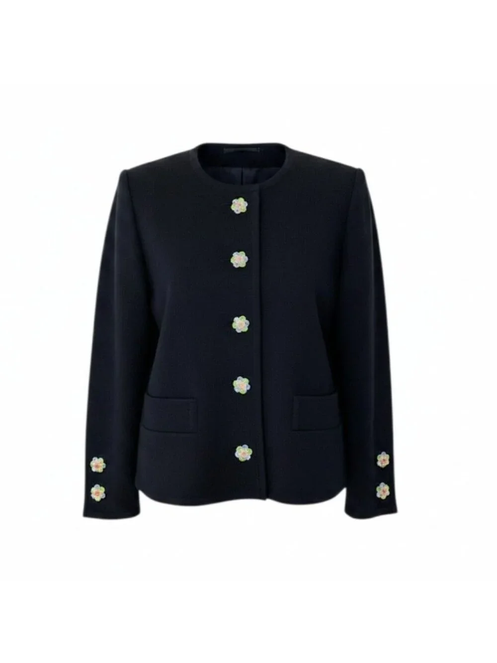 Saint Laurent Bijou Button Collarless Knit Jacket Black Wool